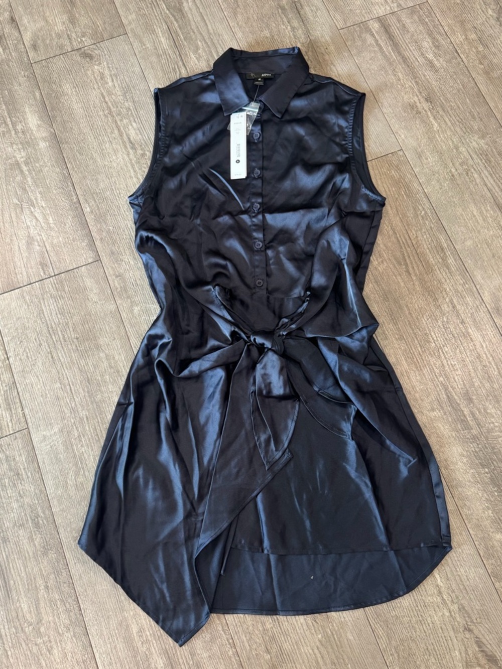Aqua Sleeveless Satin Tie-Waist Shirt Dress in Black